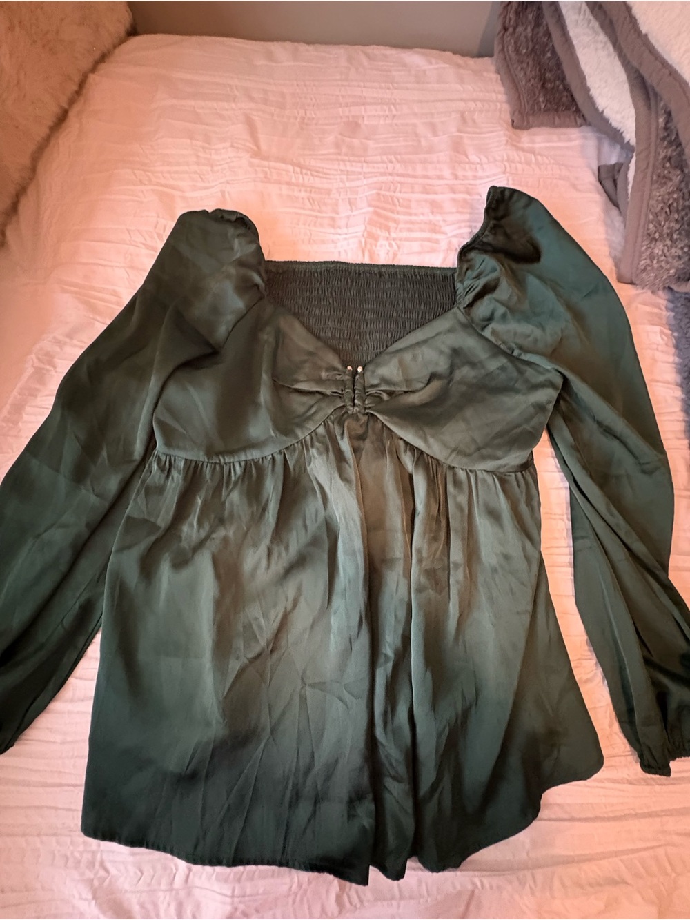 SHEIN Dark Green Long Sleeve Empire Peasant Top